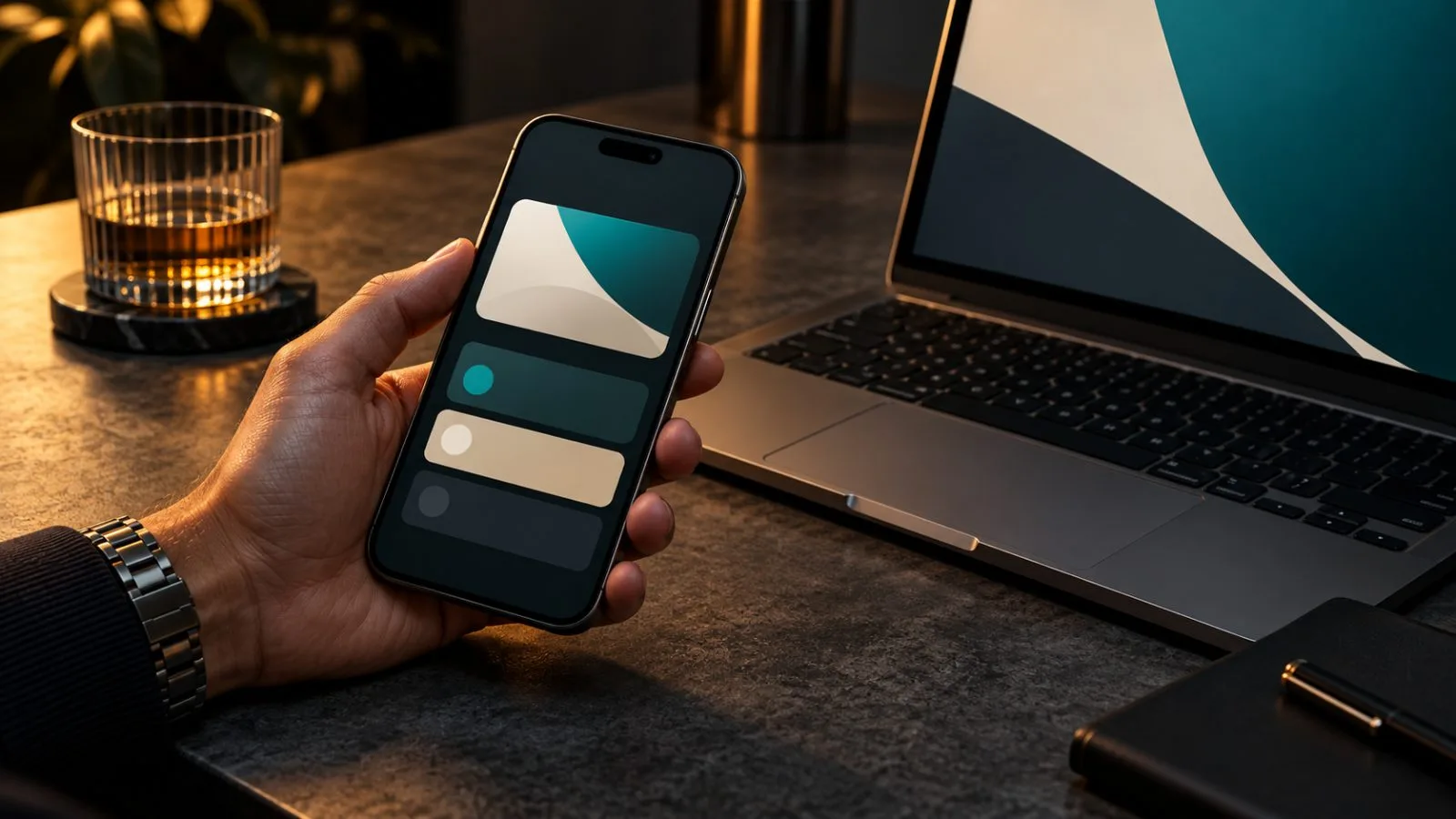A hand uses a smartphone beside a laptop with color-blocked screens / TokenPost.ai