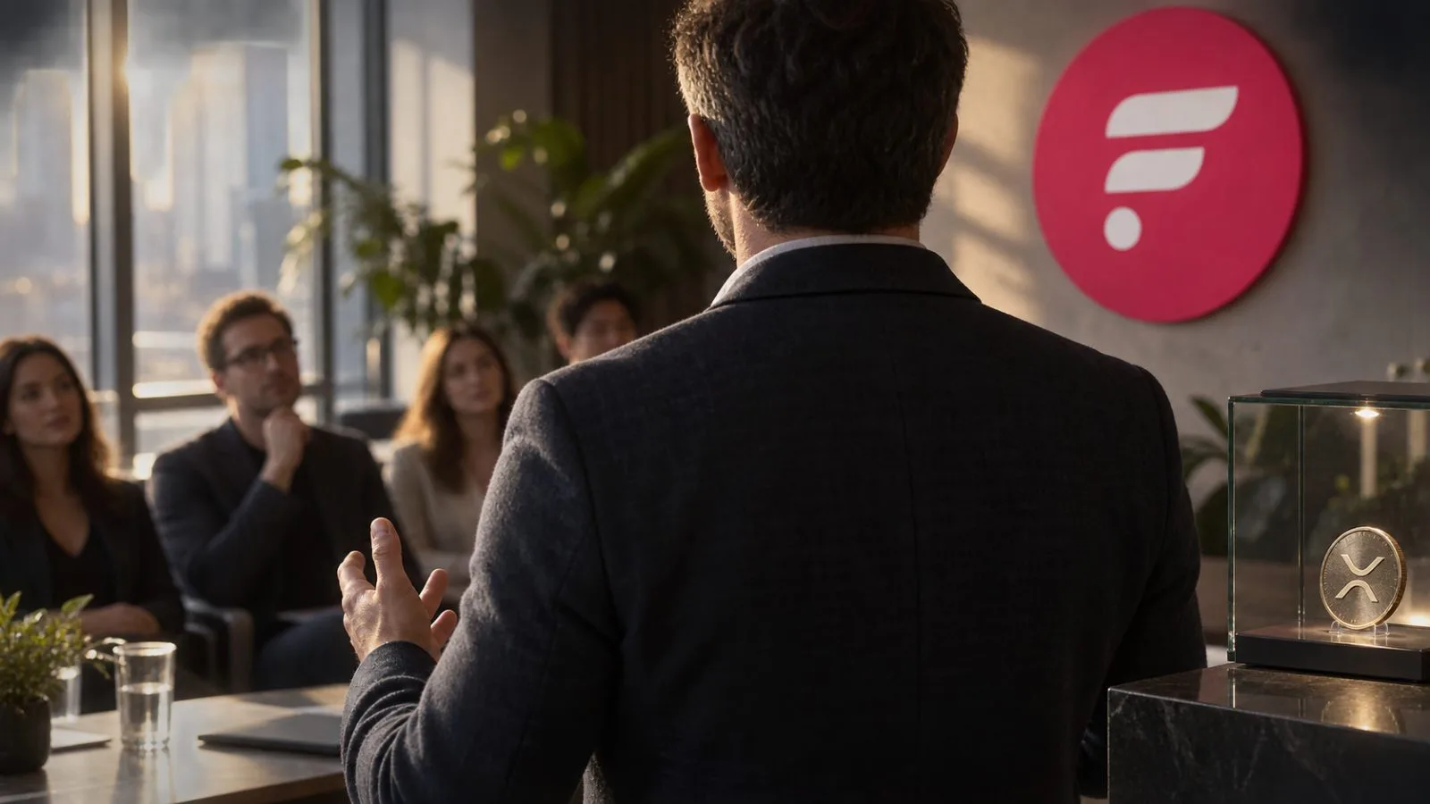 Anonymous speaker addressing an audience beside a glass coin display / TokenPost.ai