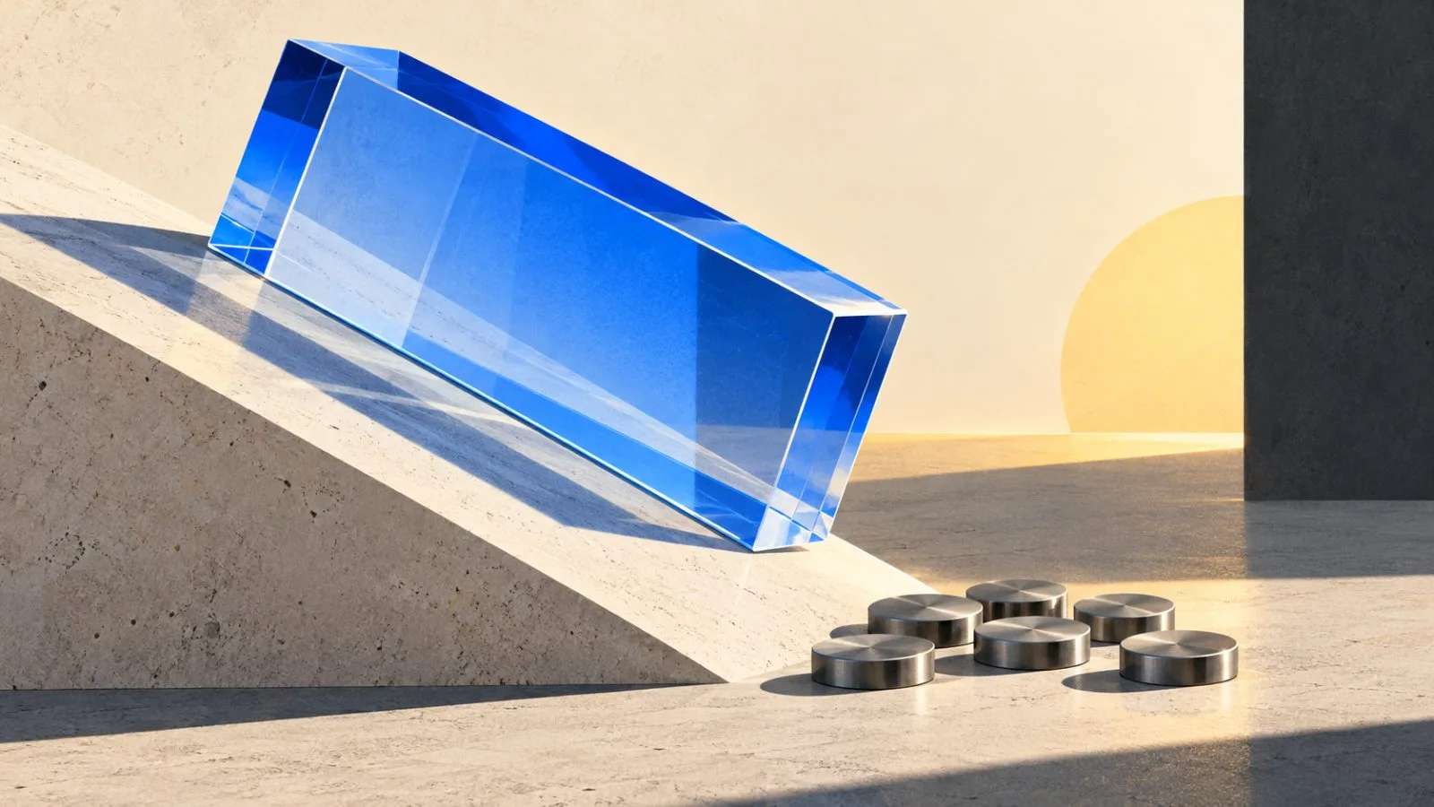 Six metal discs rest below a tilted clear acrylic block / TokenPost.ai