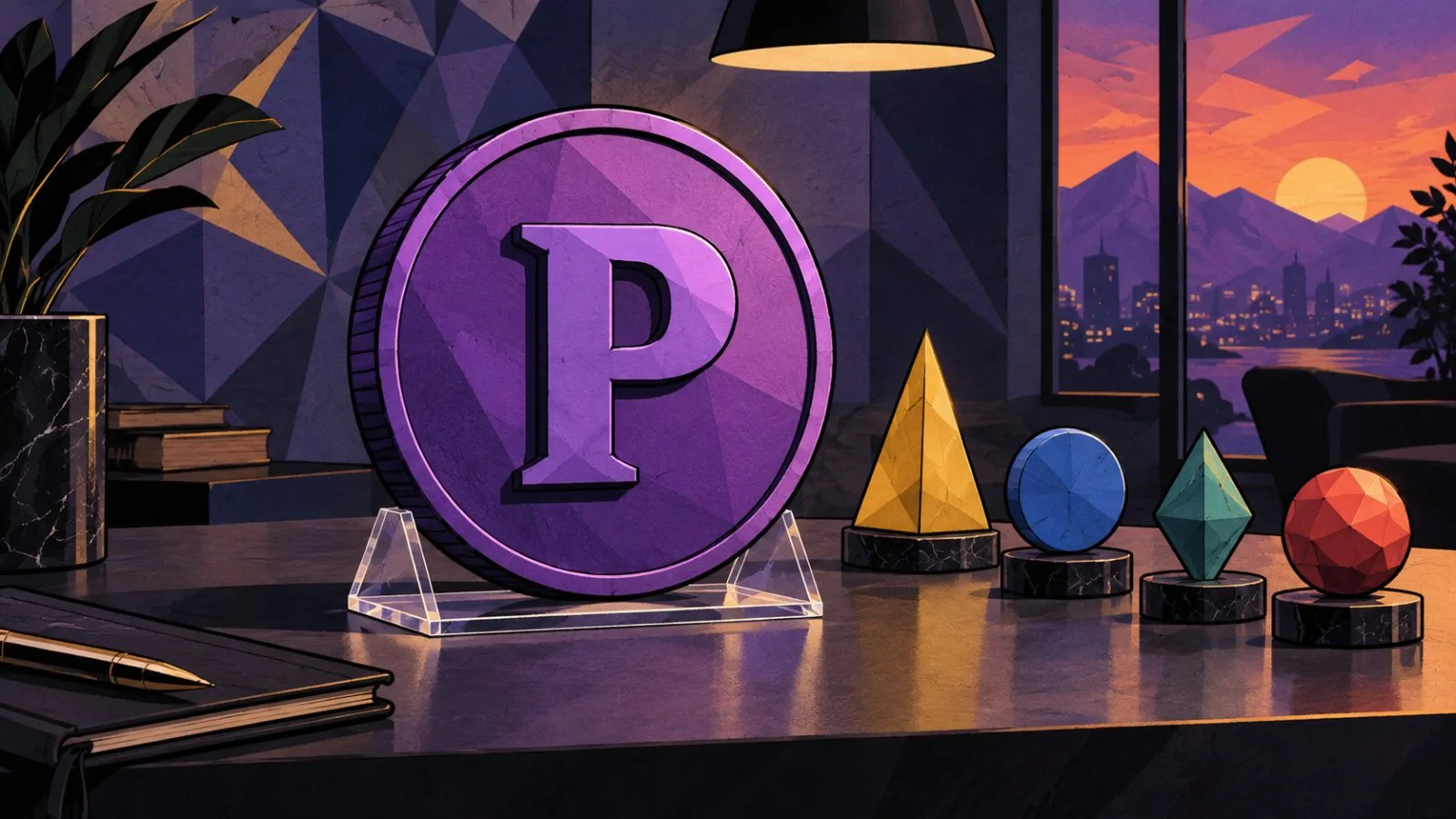 A purple coin rests beside a row of small valuation markers / TokenPost.ai