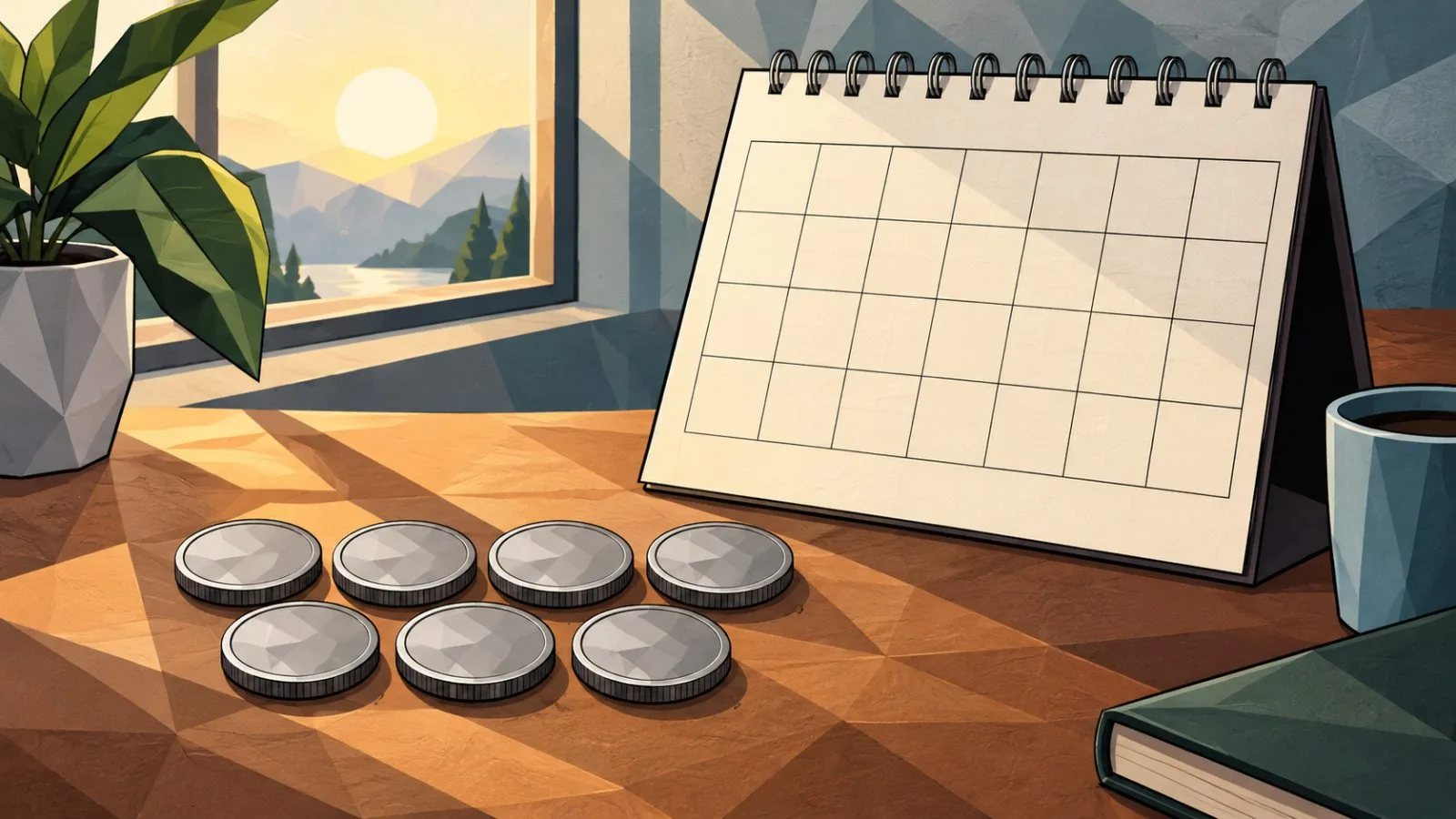 Seven silver coins arranged beside a blank weekly calendar / TokenPost.ai