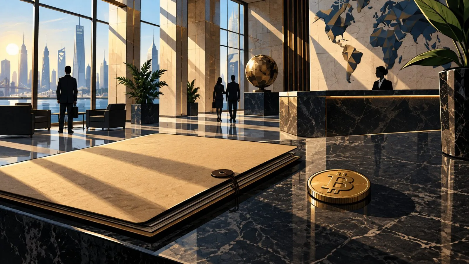 Bitcoin tokens beside an insurance folder and brass key / TokenPost.ai