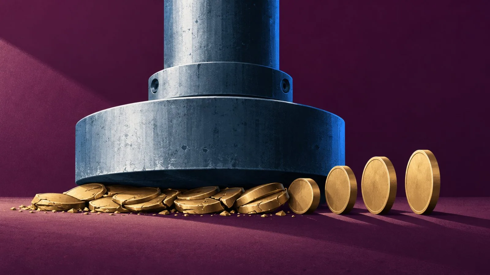 Brass tokens sit beneath a heavy steel press / TokenPost.ai