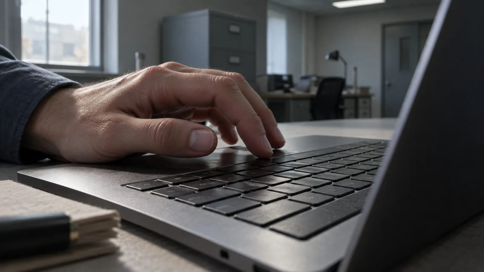 Anonymous hand beside a dark laptop in an empty office / TokenPost.ai