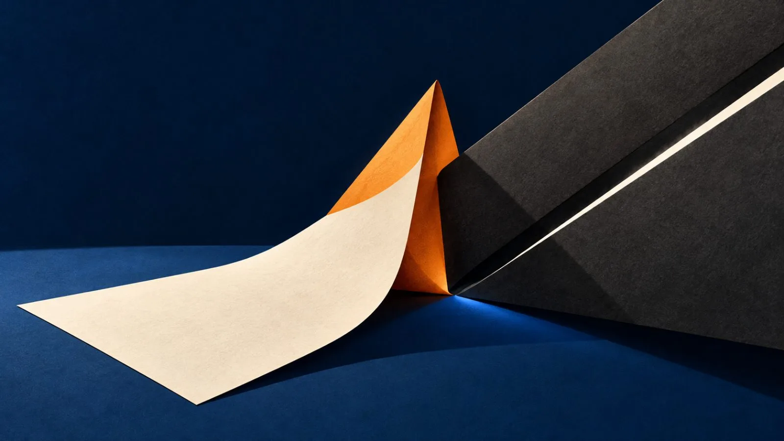 A folded blank sheet rises beside a broad charcoal wedge / TokenPost.ai