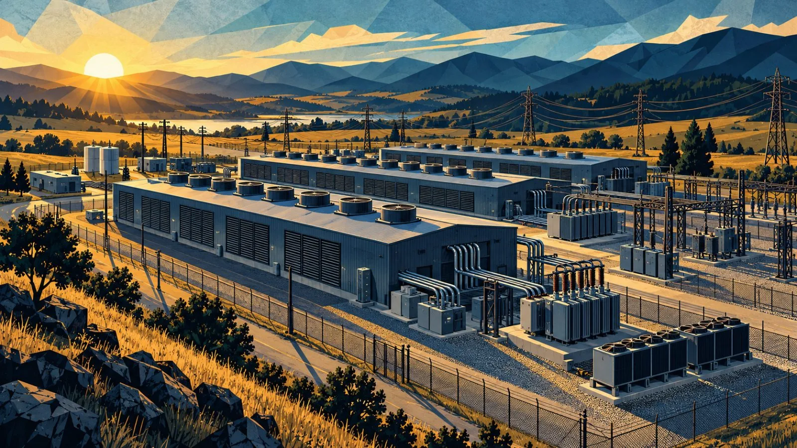 Industrial computing buildings sit beneath soft morning sunlight / TokenPost.ai