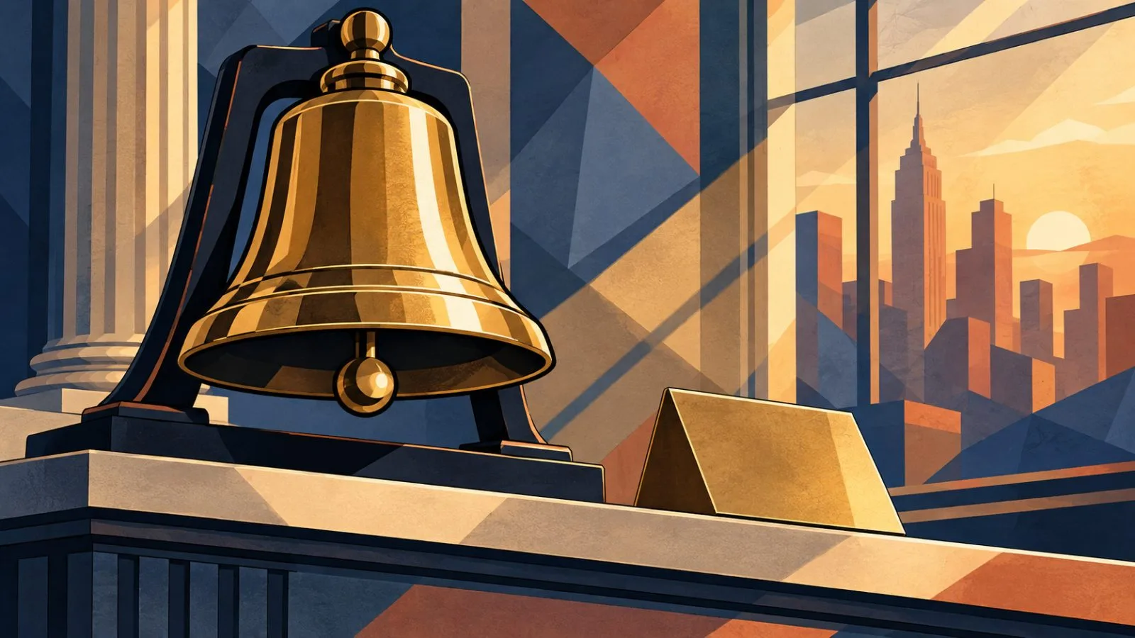 Brass market bell beside an upward-angled price marker / TokenPost.ai