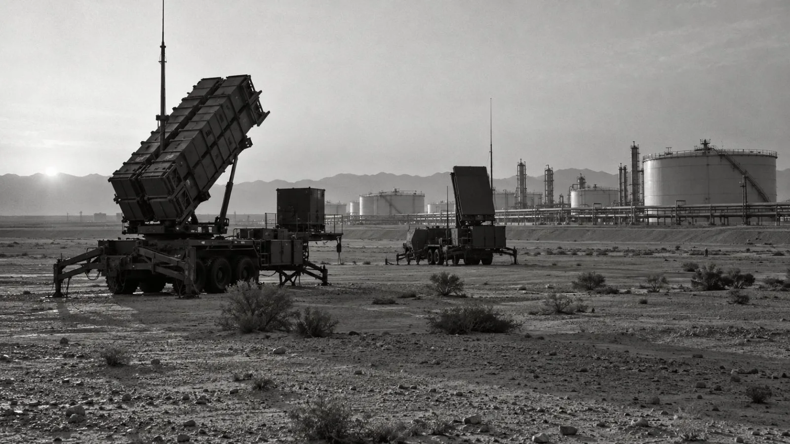 Patriot launchers stand beside oil storage tanks in desert light / TokenPost.ai