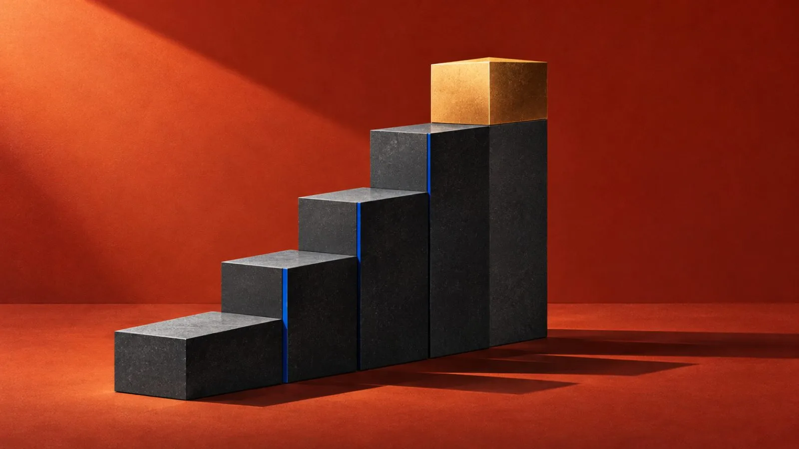 A rising stack of graphite blocks catches a narrow amber spotlight / TokenPost.ai