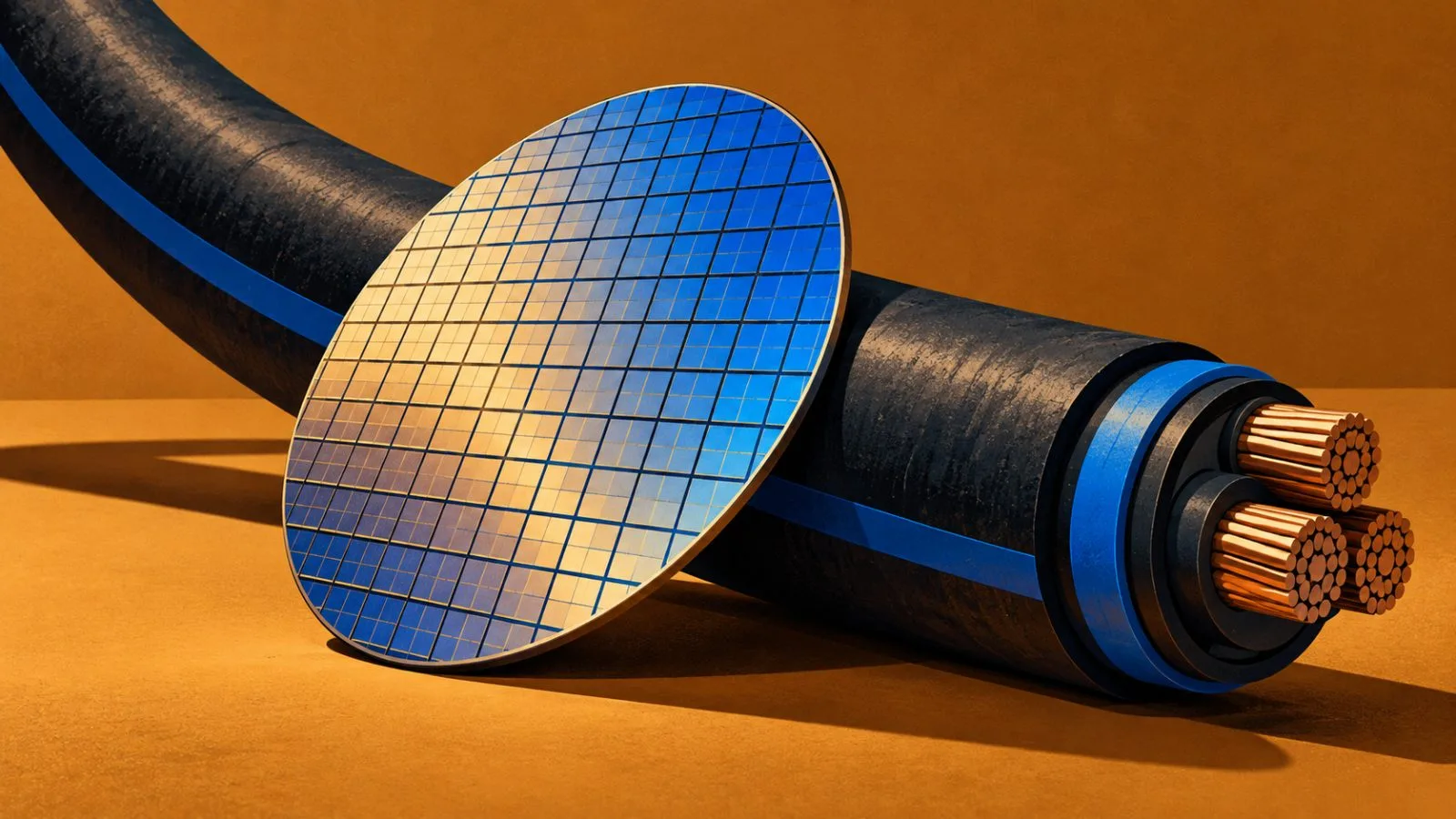 A silicon wafer rests beside a thick industrial power cable. / TokenPost.ai