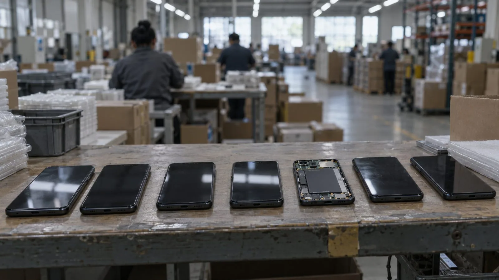 Unbranded budget smartphones arranged on a warehouse packing table / TokenPost.ai