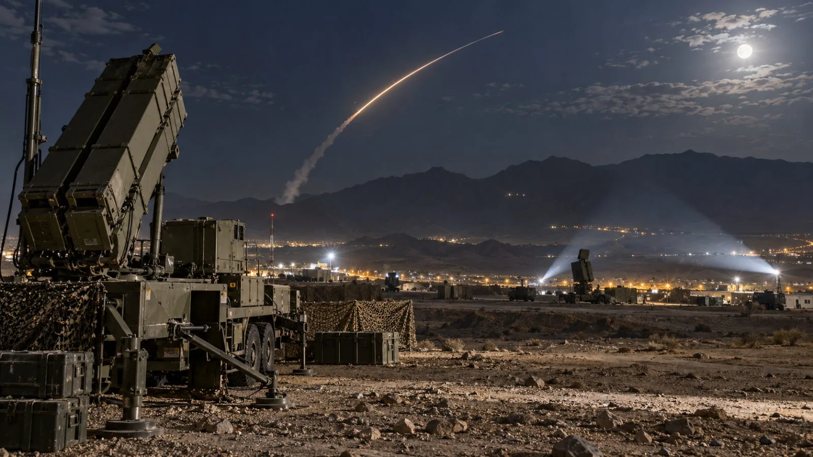 Air-defense lights scan a missile trail above the desert / TokenPost.ai
