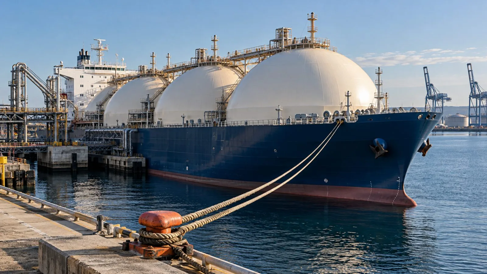A gas carrier sits beside a quiet industrial harbor / TokenPost.ai