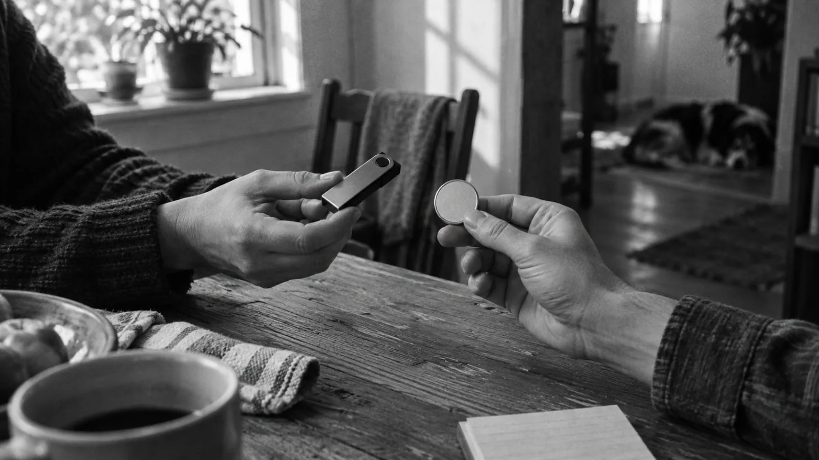 Hands hold a hardware wallet beside a metal Bitcoin token / TokenPost.ai
