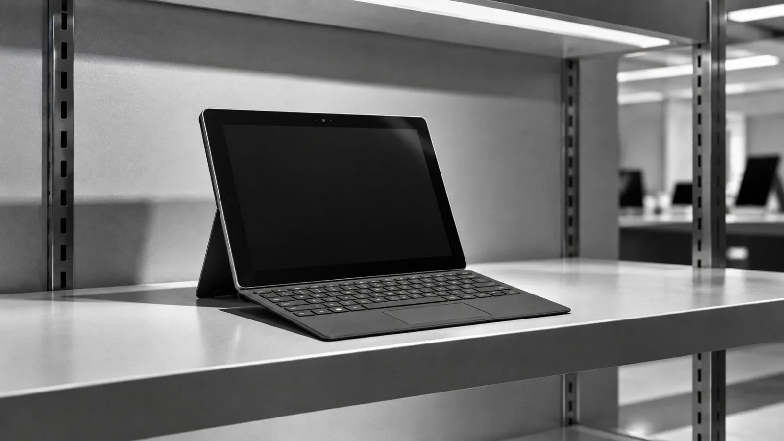 A tablet with keyboard cover on a quiet electronics store display / TokenPost.ai