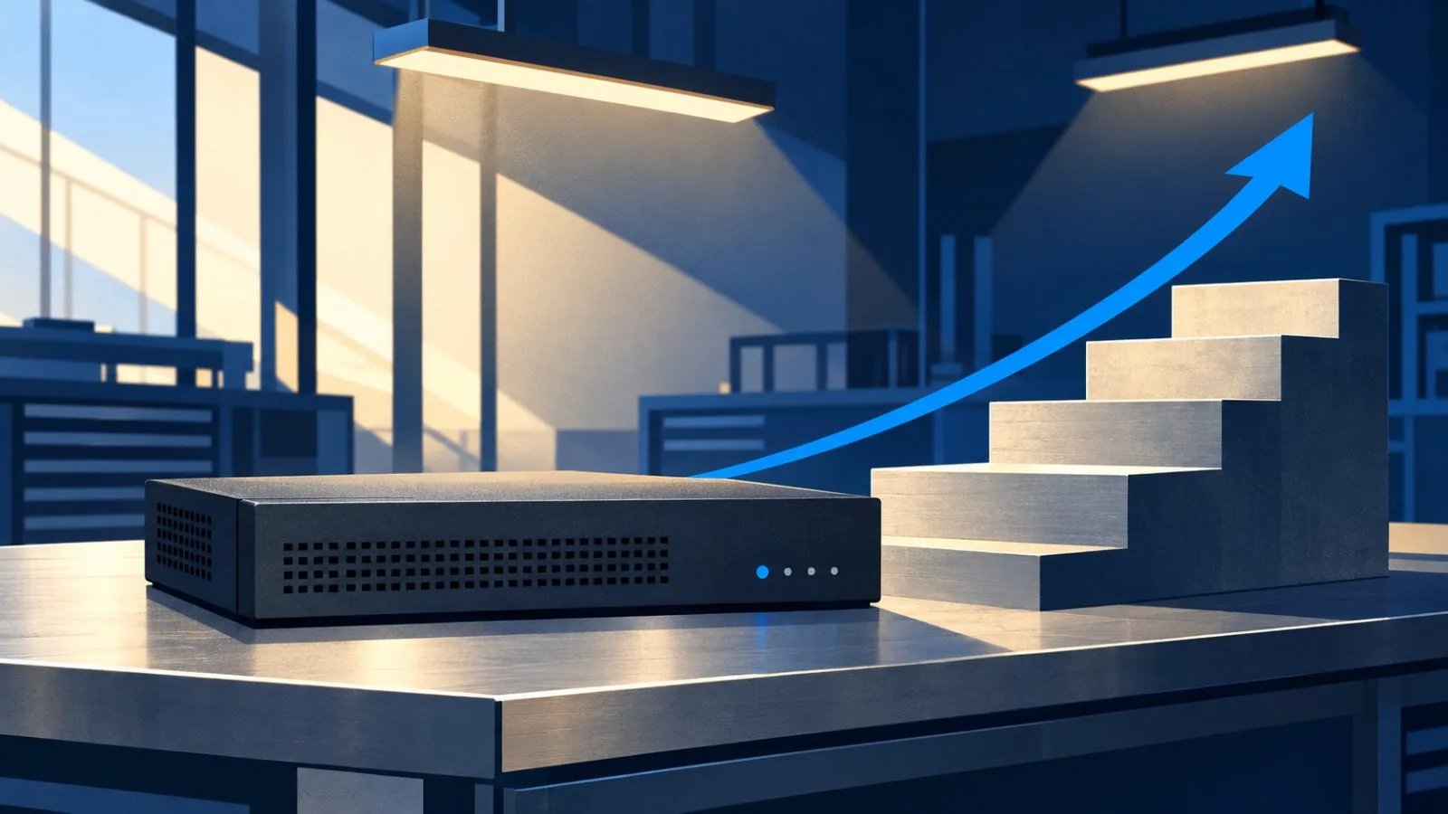 A firewall appliance rests on a metal platform under warm lab lights / TokenPost.ai