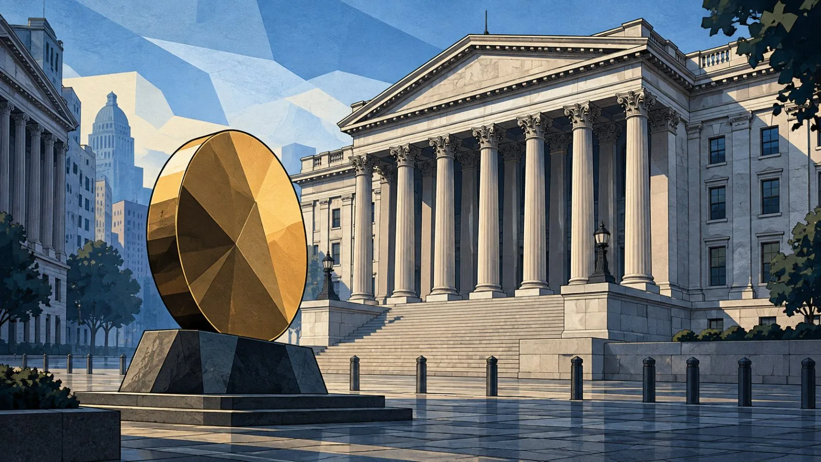Treasury building overlooking a quiet financial district at dawn / TokenPost.ai