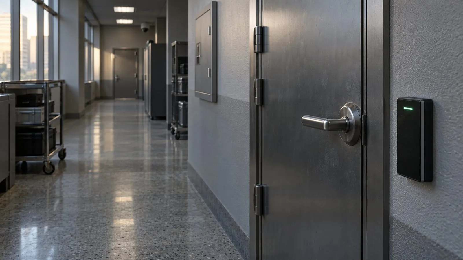Closed access door in an empty financial institution corridor / TokenPost.ai