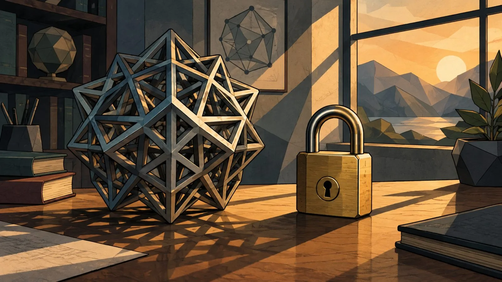 Metal lattice sculpture beside a compact brass padlock / TokenPost.ai