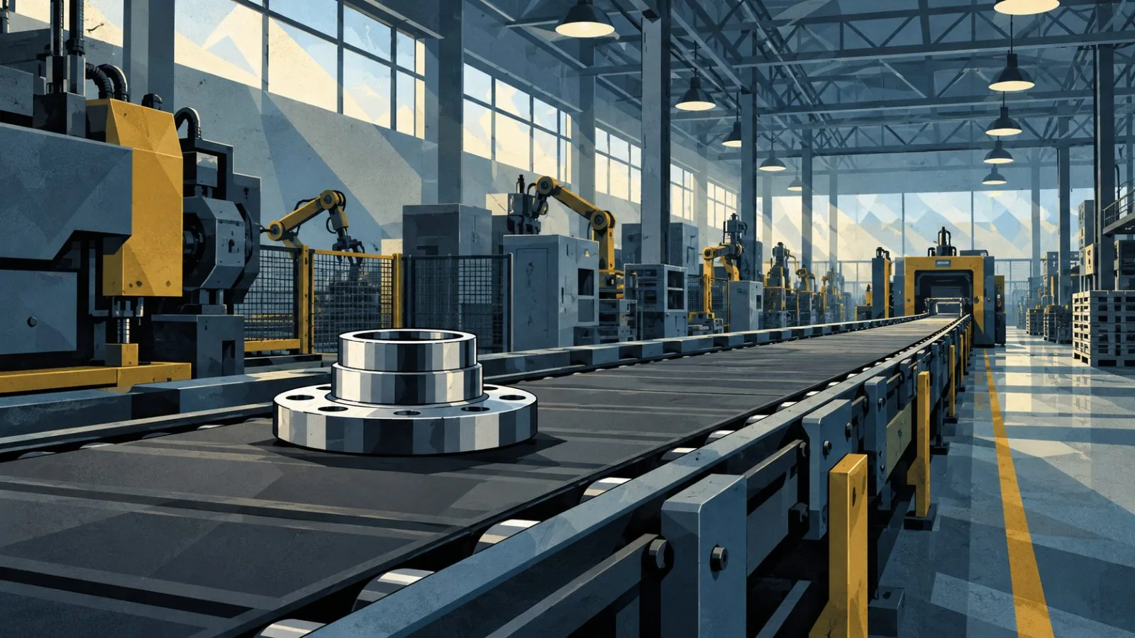 A metal component moves along an assembly line under factory lights / TokenPost.ai
