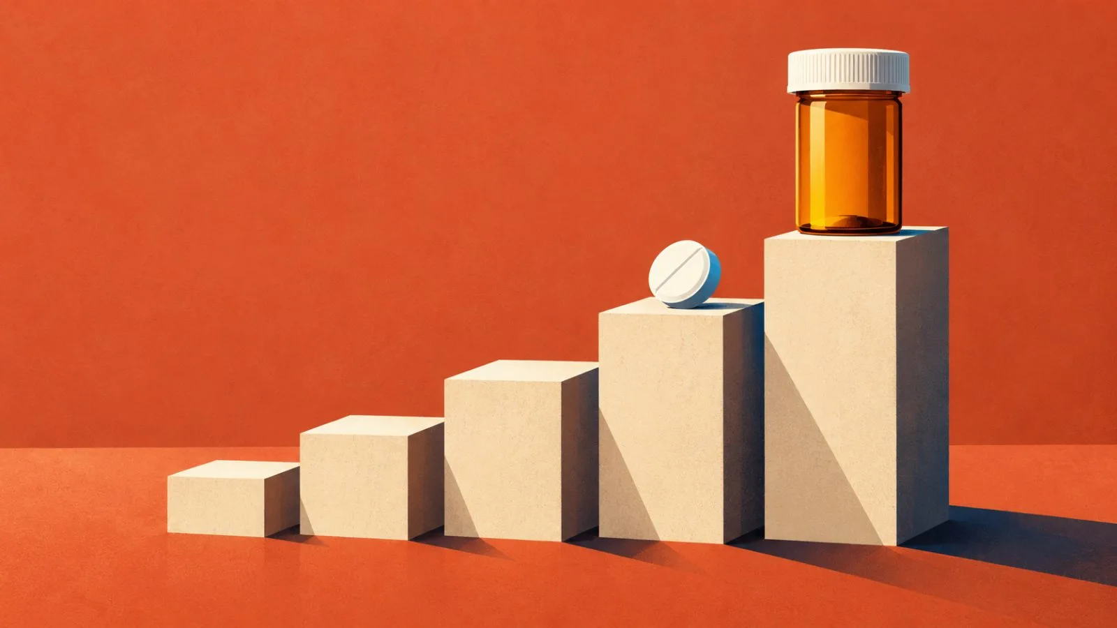 An amber medicine vial and tablet sit on rising blocks / TokenPost.ai