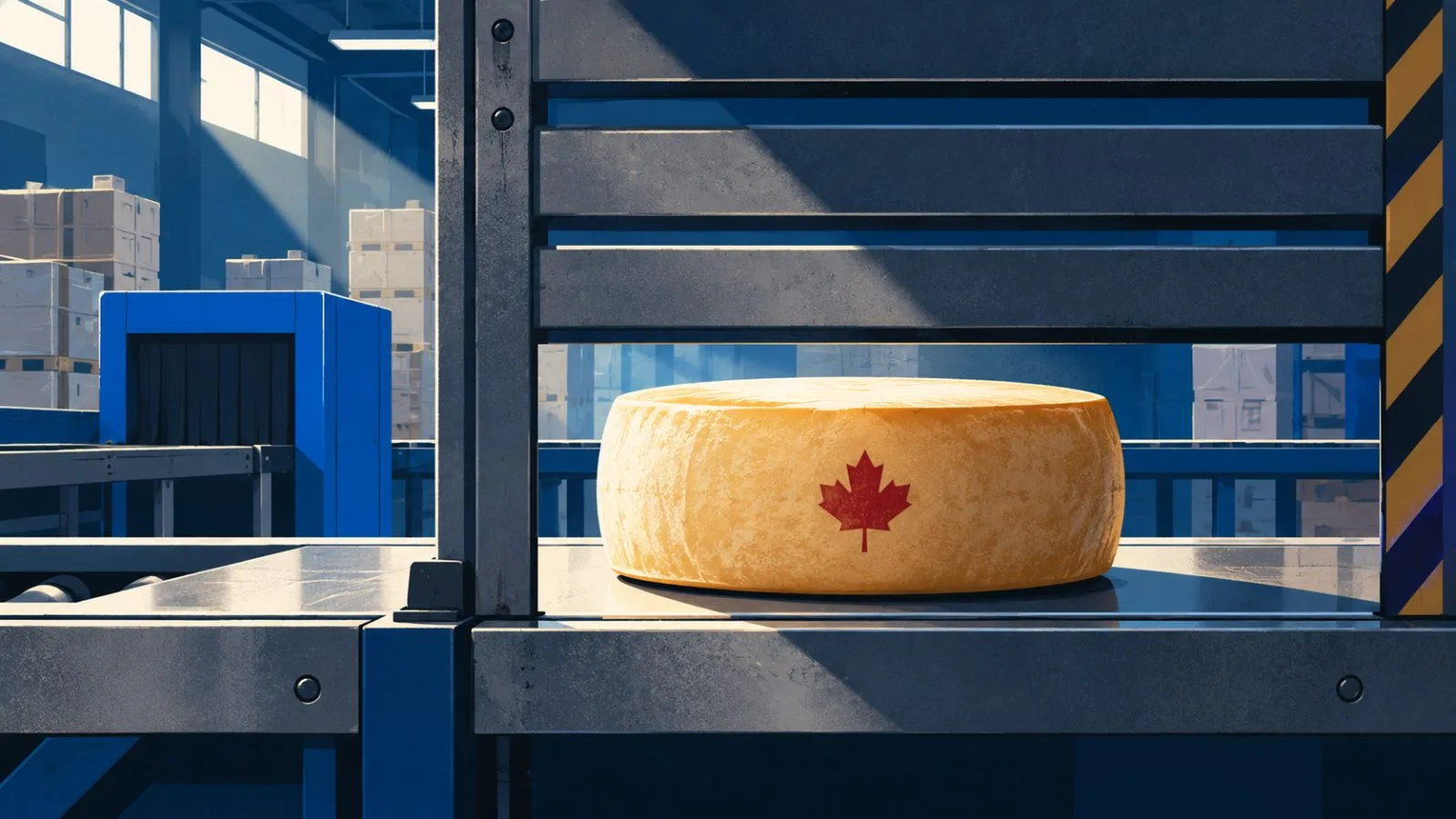 A cheese wheel sits behind a steel customs inspection barrier / TokenPost.ai