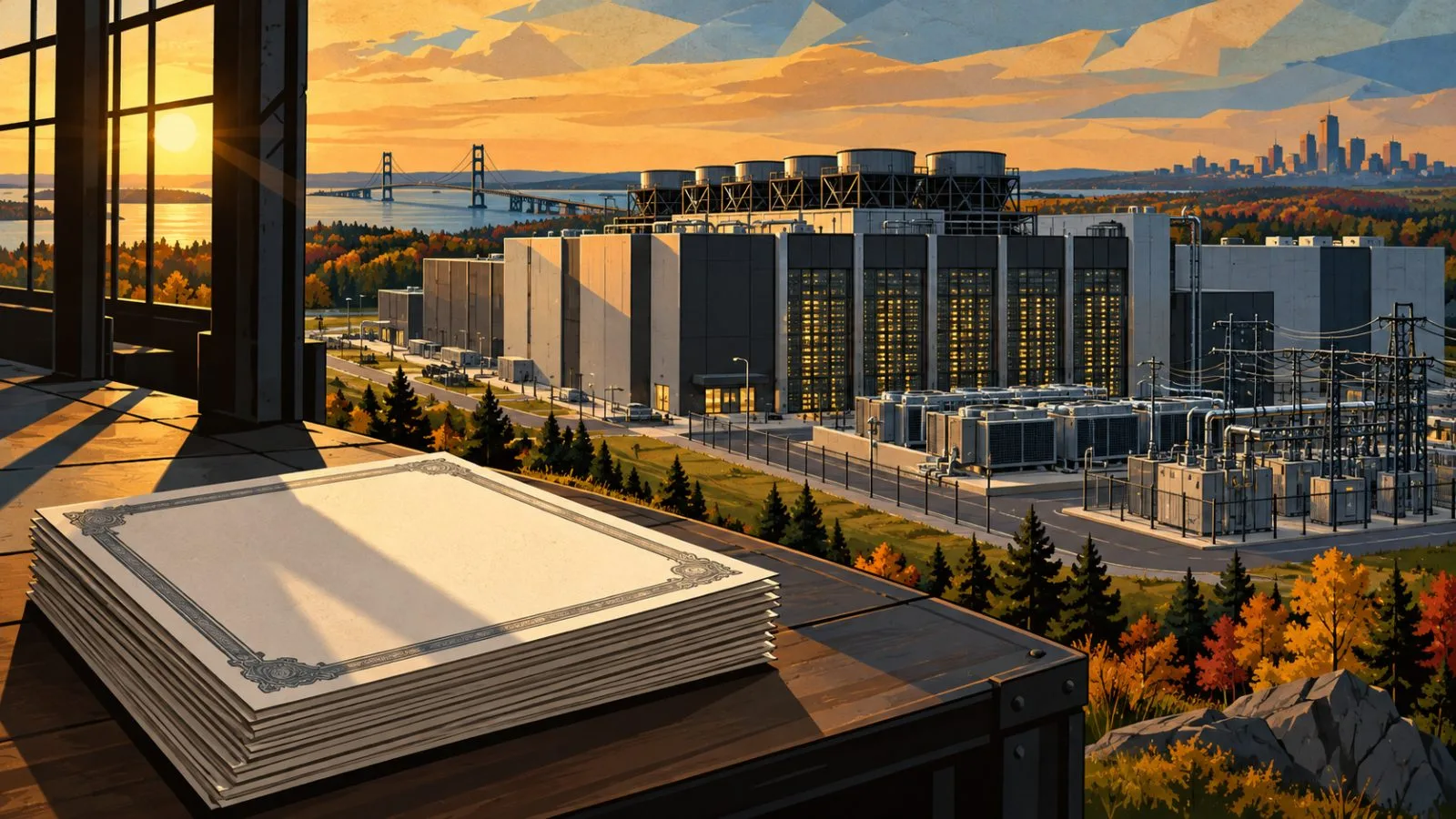 Industrial facility model beside a shortened stack of blank certificates / TokenPost.ai