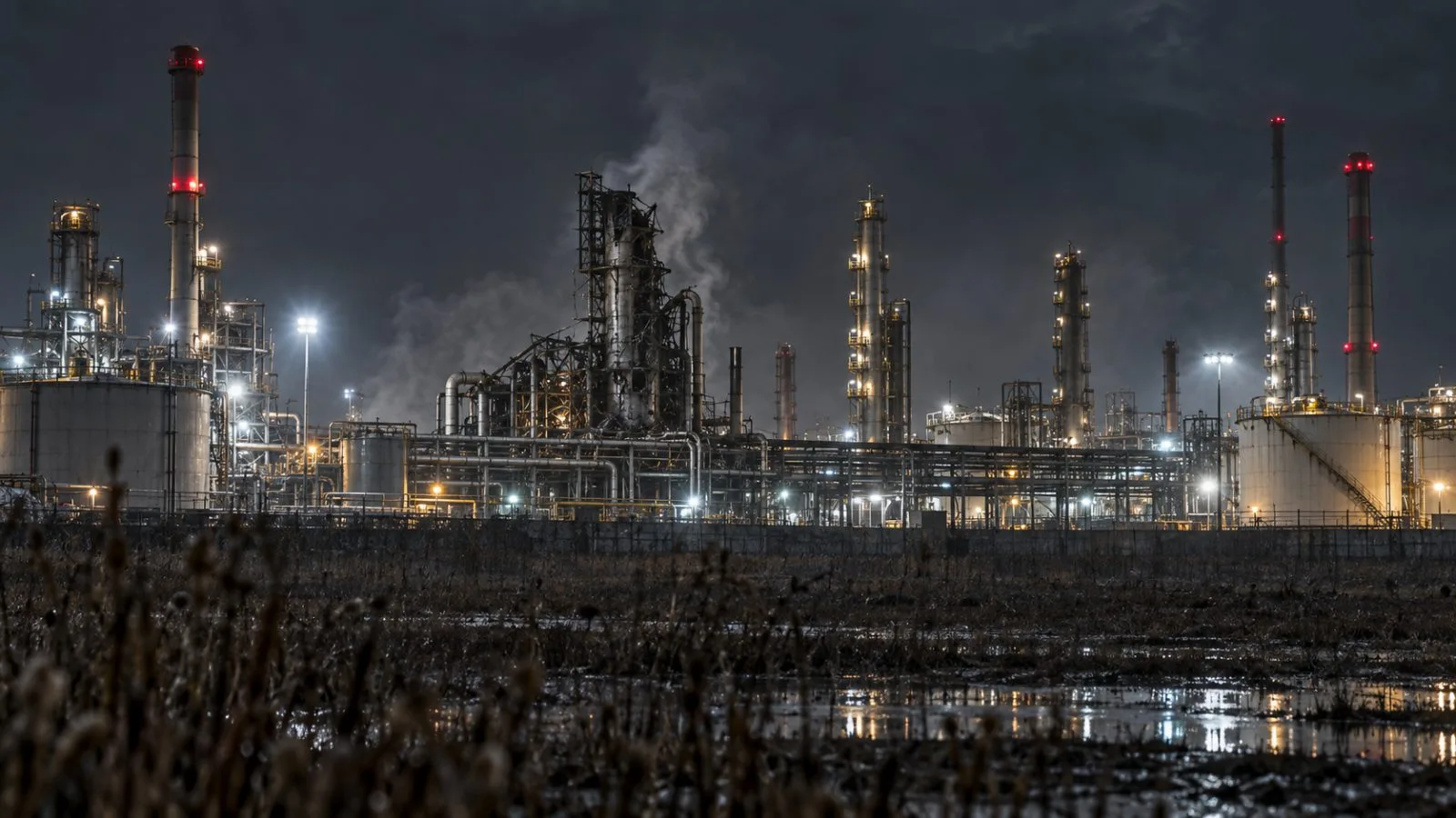 Smoke rises above a damaged refinery under industrial floodlights / TokenPost.ai