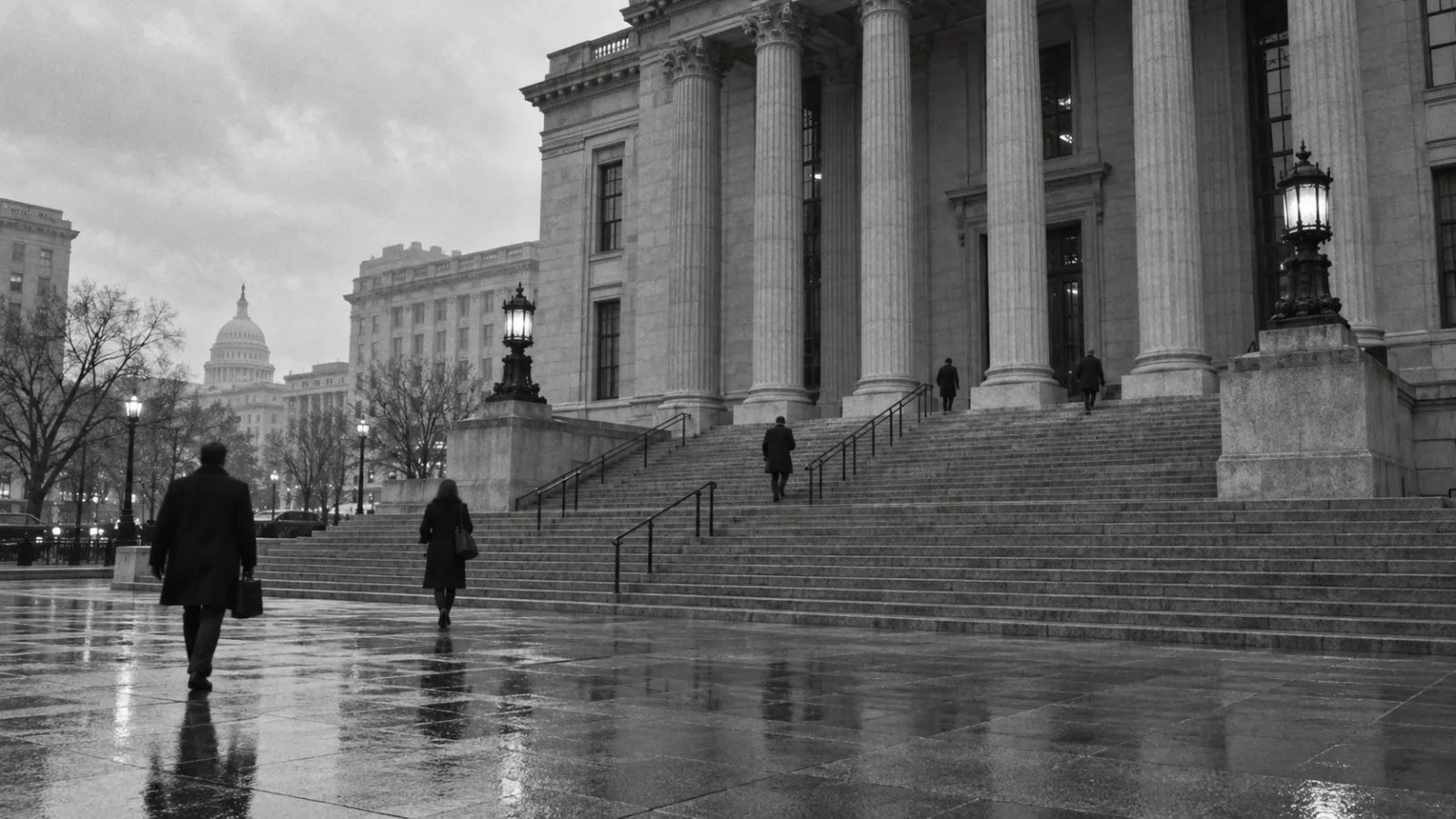 Federal courthouse exterior under soft overcast morning light / TokenPost.ai