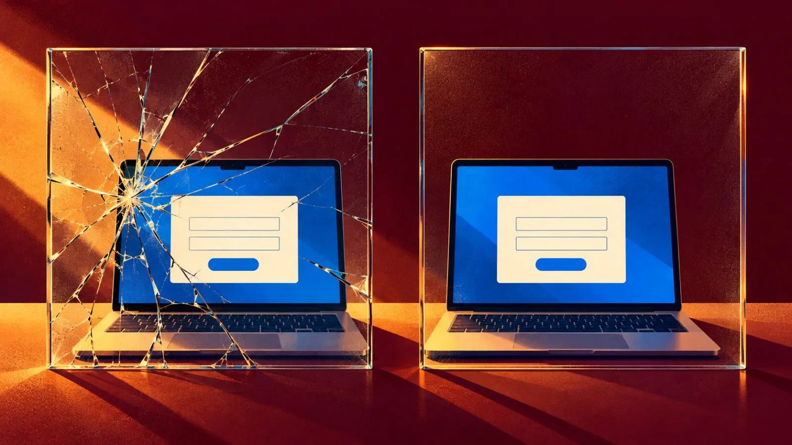 Two laptop login screens sit behind contrasting glass panes. / TokenPost.ai
