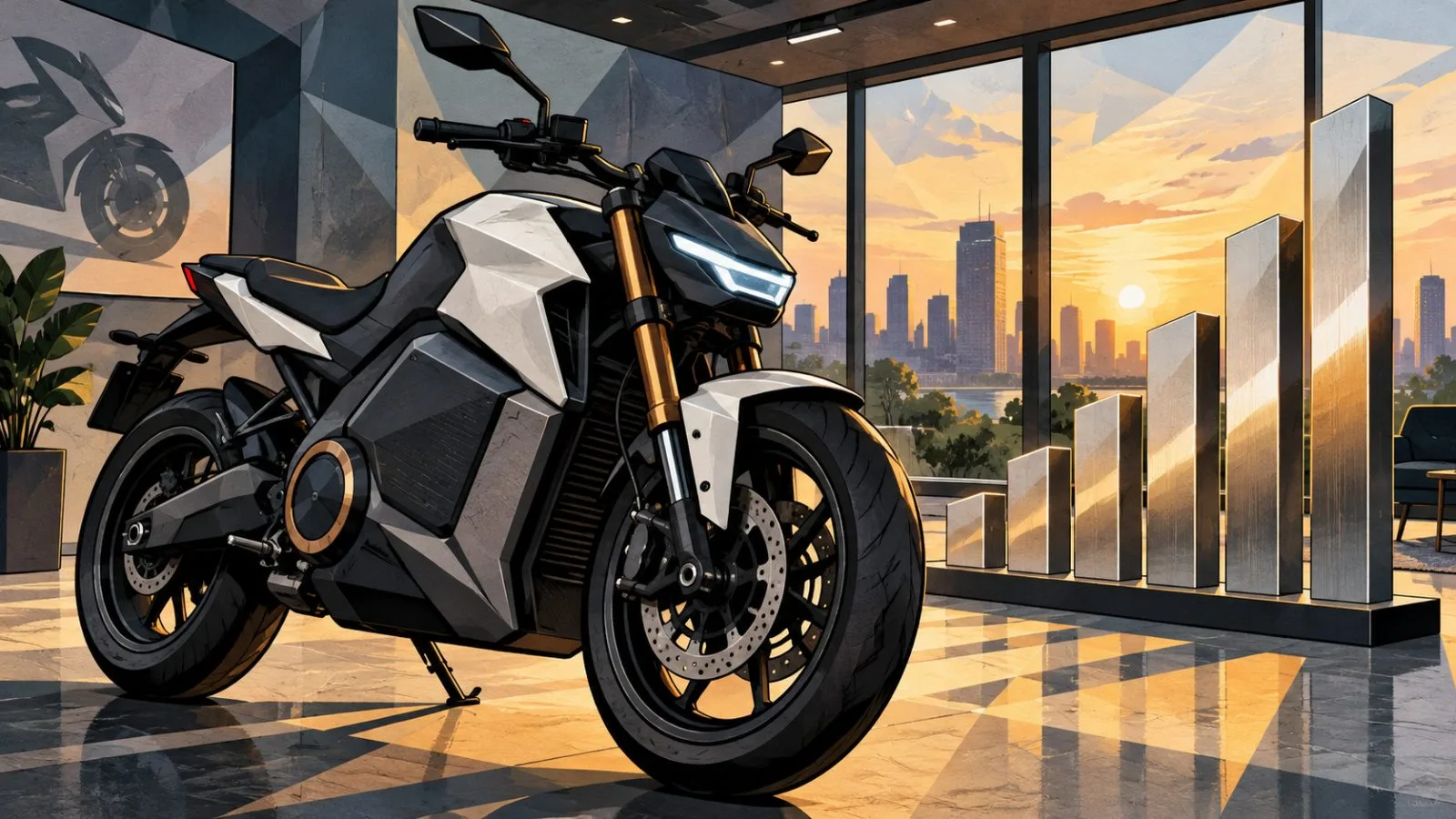Electric motorcycle displayed beside rising metallic market bars / TokenPost.ai