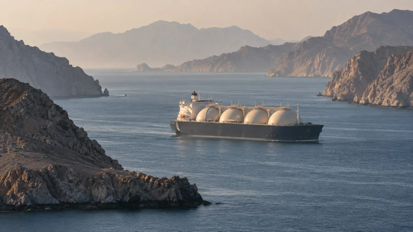 LNG tanker navigating a narrow strait in early morning light / TokenPost.ai