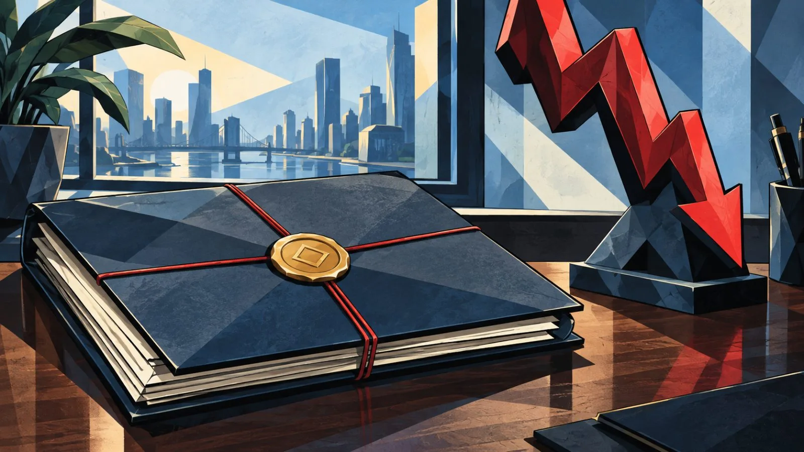Sealed financing folder beside a sharply declining stock marker / TokenPost.ai