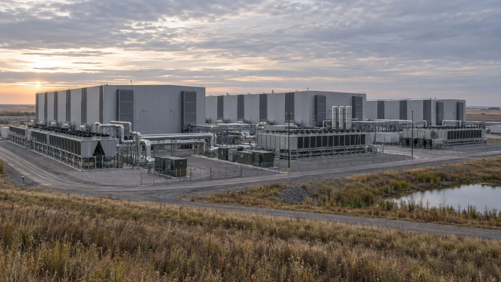 Long industrial data halls stand beneath a pale morning sky / TokenPost.ai