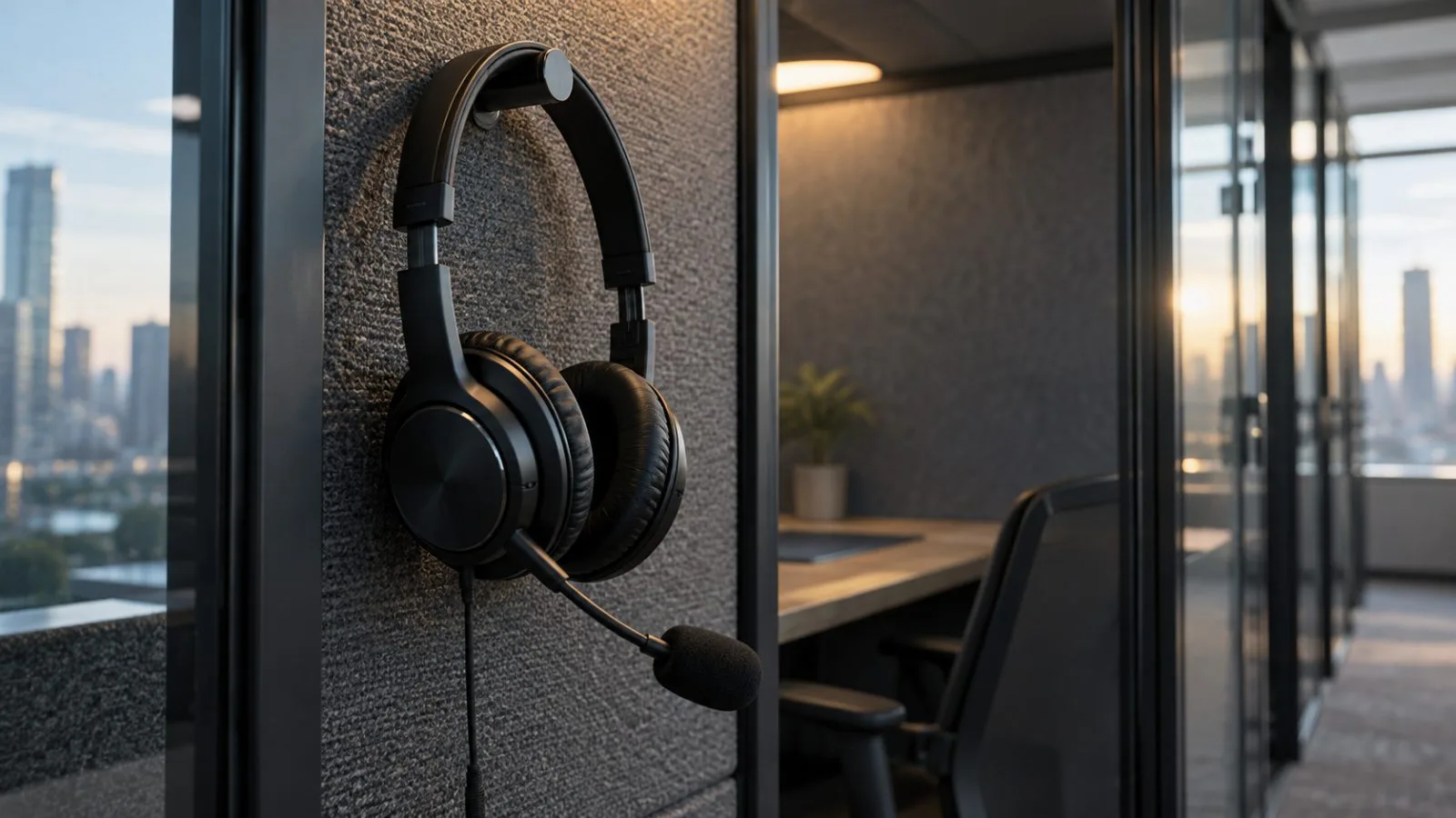A headset hangs inside a quiet customer-service booth / TokenPost.ai