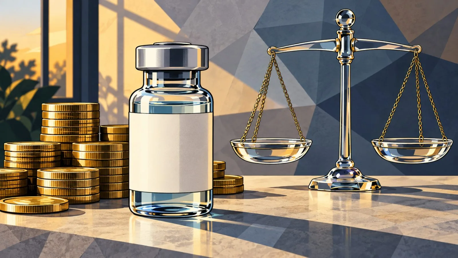Pharmaceutical vial beside stacked coins and a glass balance scale / TokenPost.ai