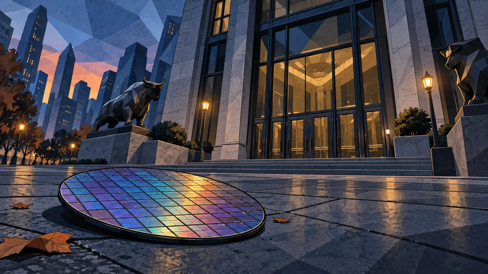 Semiconductor wafer beside a closed stock exchange entrance at dusk / TokenPost.ai