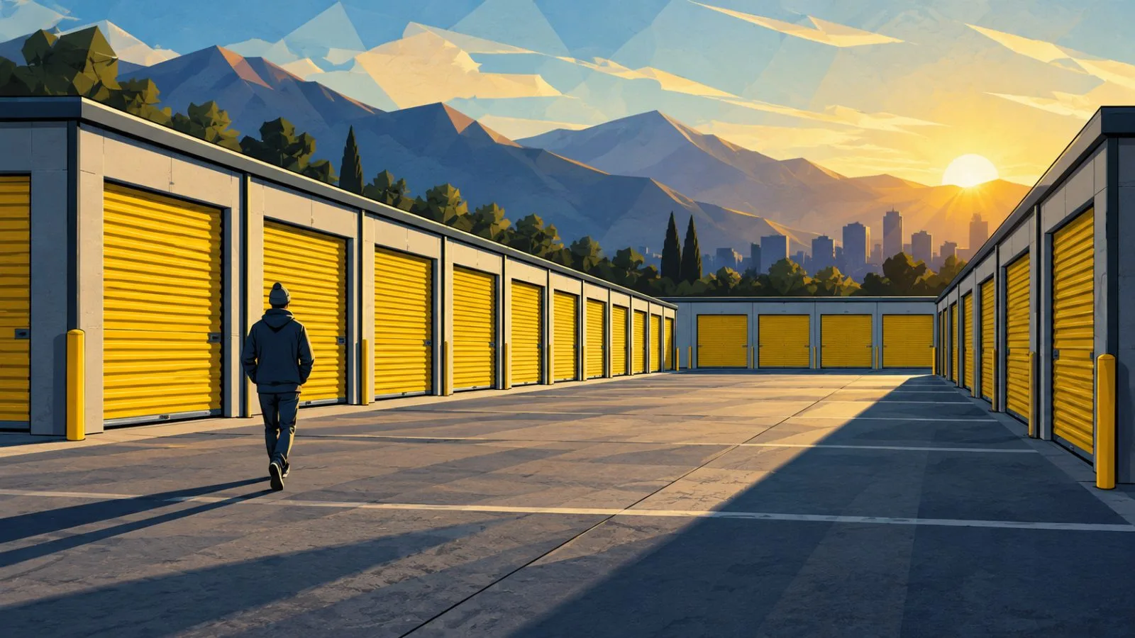 Yellow metal doors recede along a quiet self-storage corridor / TokenPost.ai