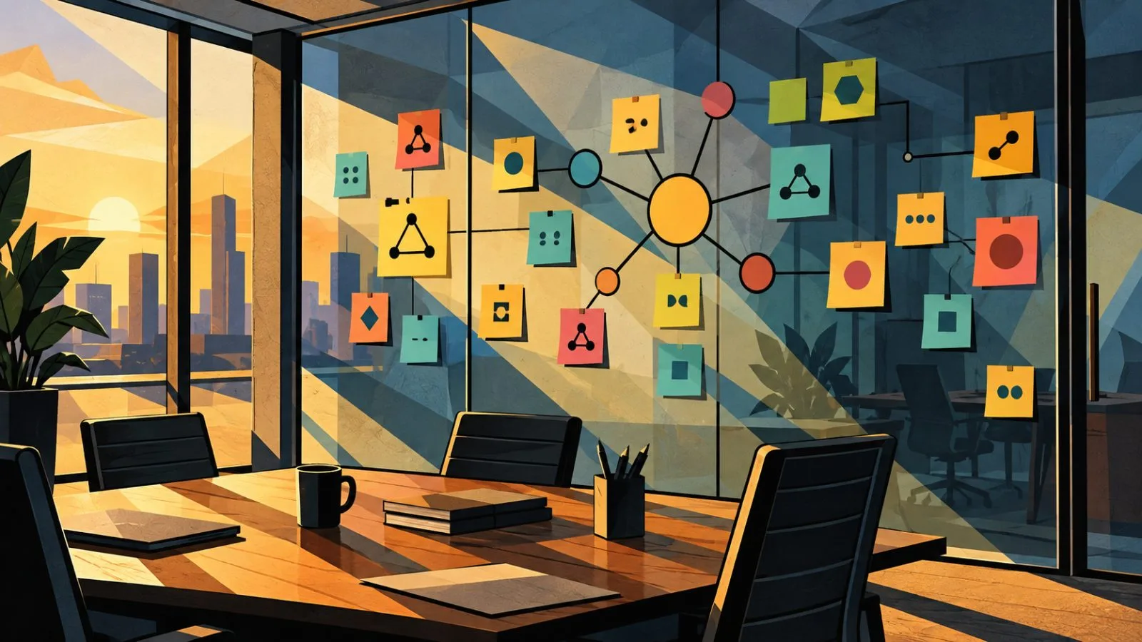 Connected notes cover a glass wall in warm afternoon light / TokenPost.ai