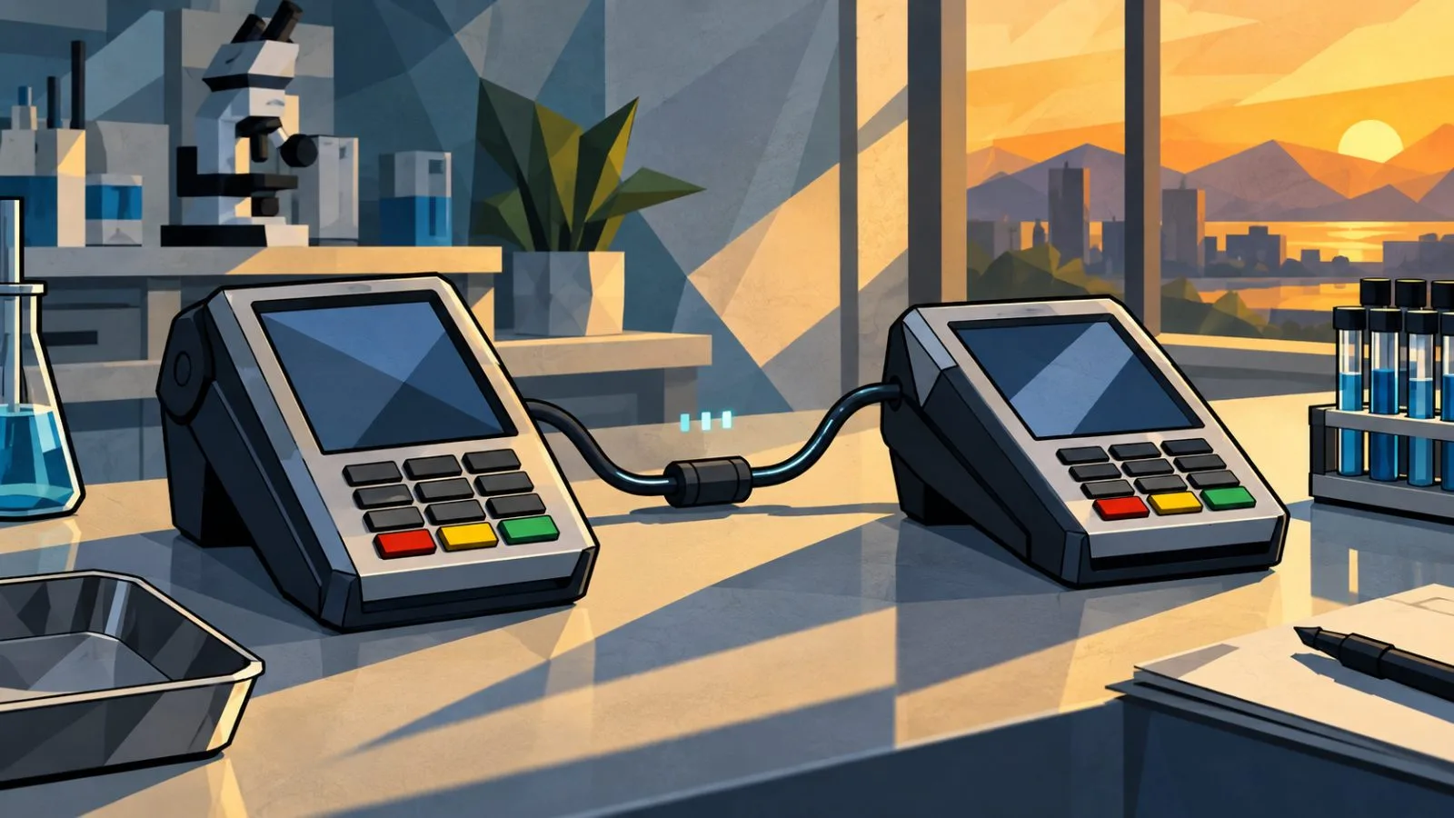 Connected payment terminals rest on a laboratory bench / TokenPost.ai