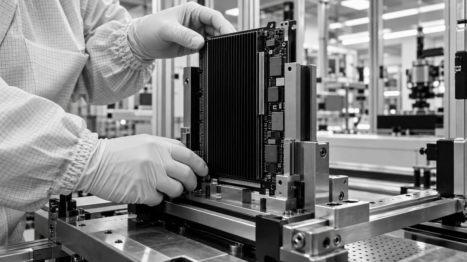 A gloved hand adjusts an accelerator card in an inspection fixture / TokenPost.ai