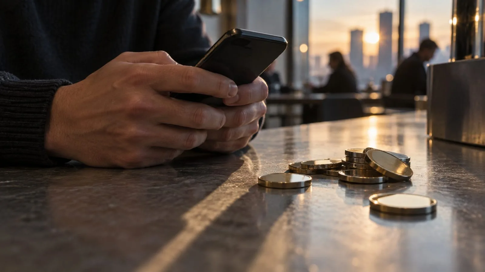 Blank metal tokens toppled beside a smartphone on a counter / TokenPost.ai