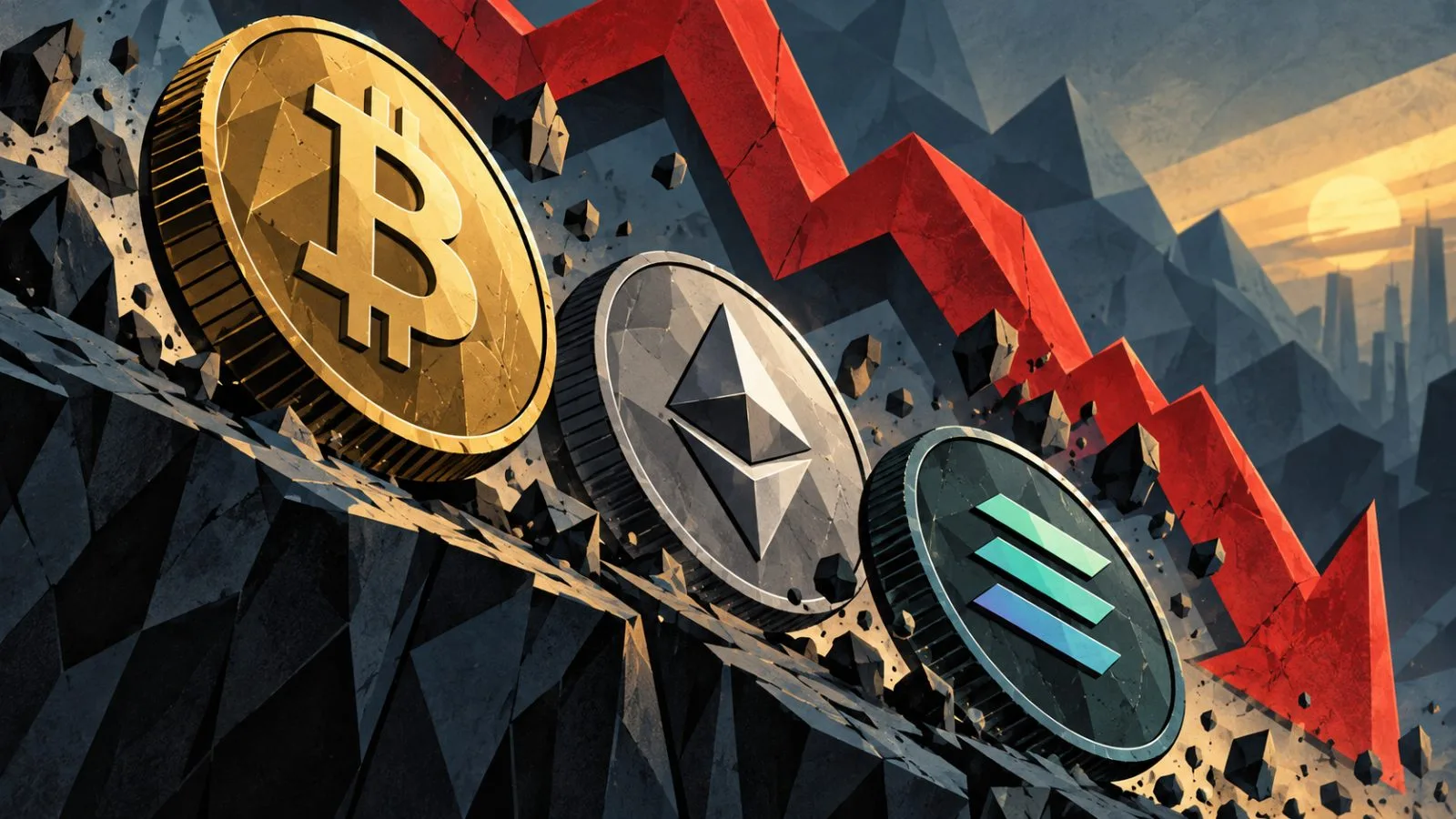 Metallic tokens lean beside a sharply descending market marker / TokenPost.ai