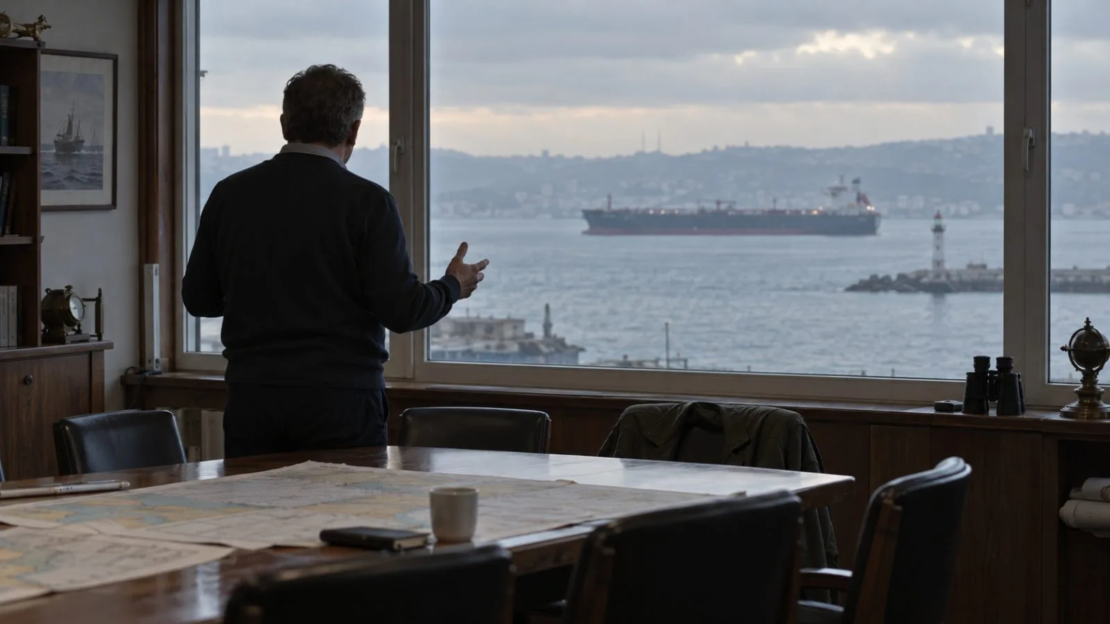Speaker overlooking a tanker through a harbor meeting room window / TokenPost.ai