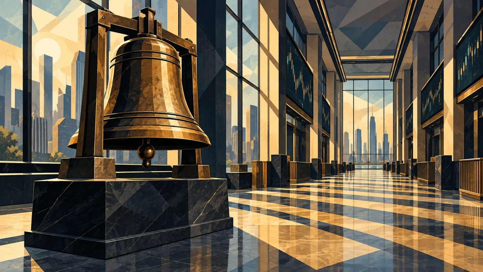 Bronze market bell beside an empty exchange corridor / TokenPost.ai