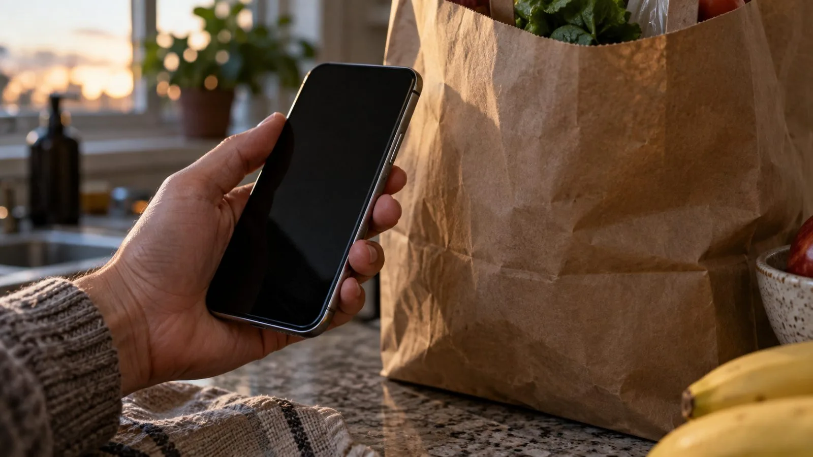 Smartphone beside a grocery bag and compact travel suitcase / TokenPost.ai (macro)