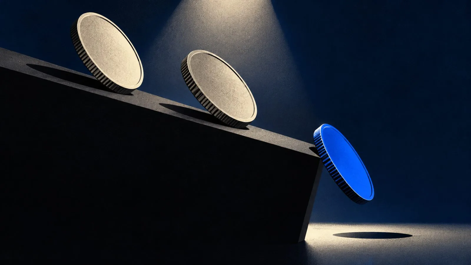 Three metal coins balance on a sharply tilted platform. / TokenPost.ai