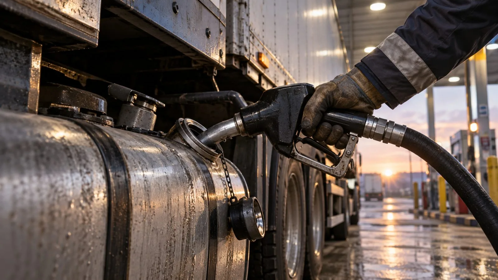 A fuel hose rests beside a freight truck at a roadside depot / TokenPost.ai