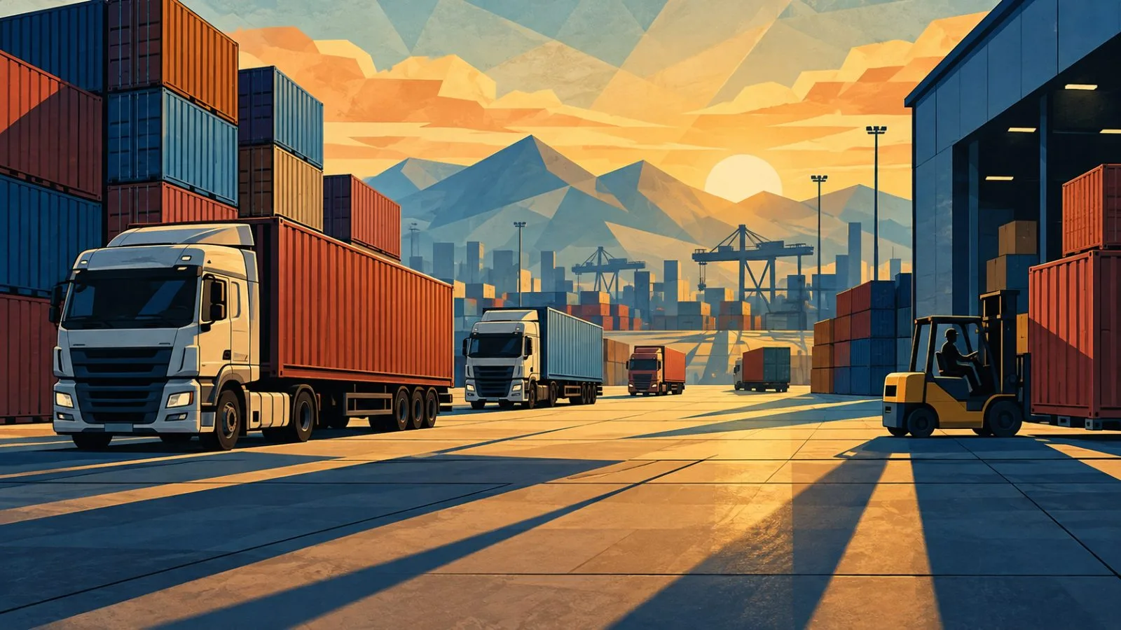 Freight trucks and cargo containers fill a sunlit distribution yard / TokenPost.ai