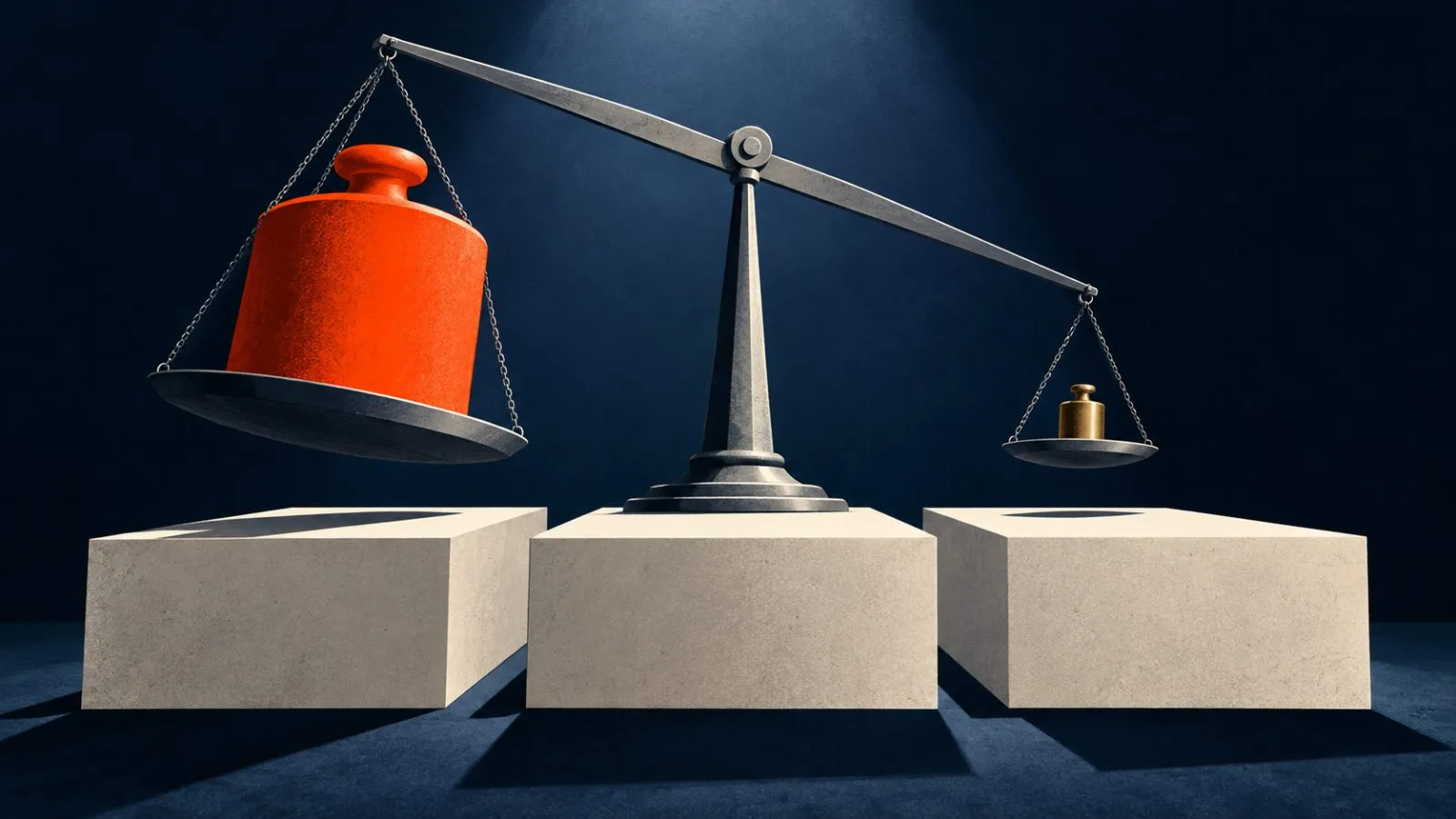 A tilted steel balance holds one large red weight and a smaller brass weight / TokenPost.ai